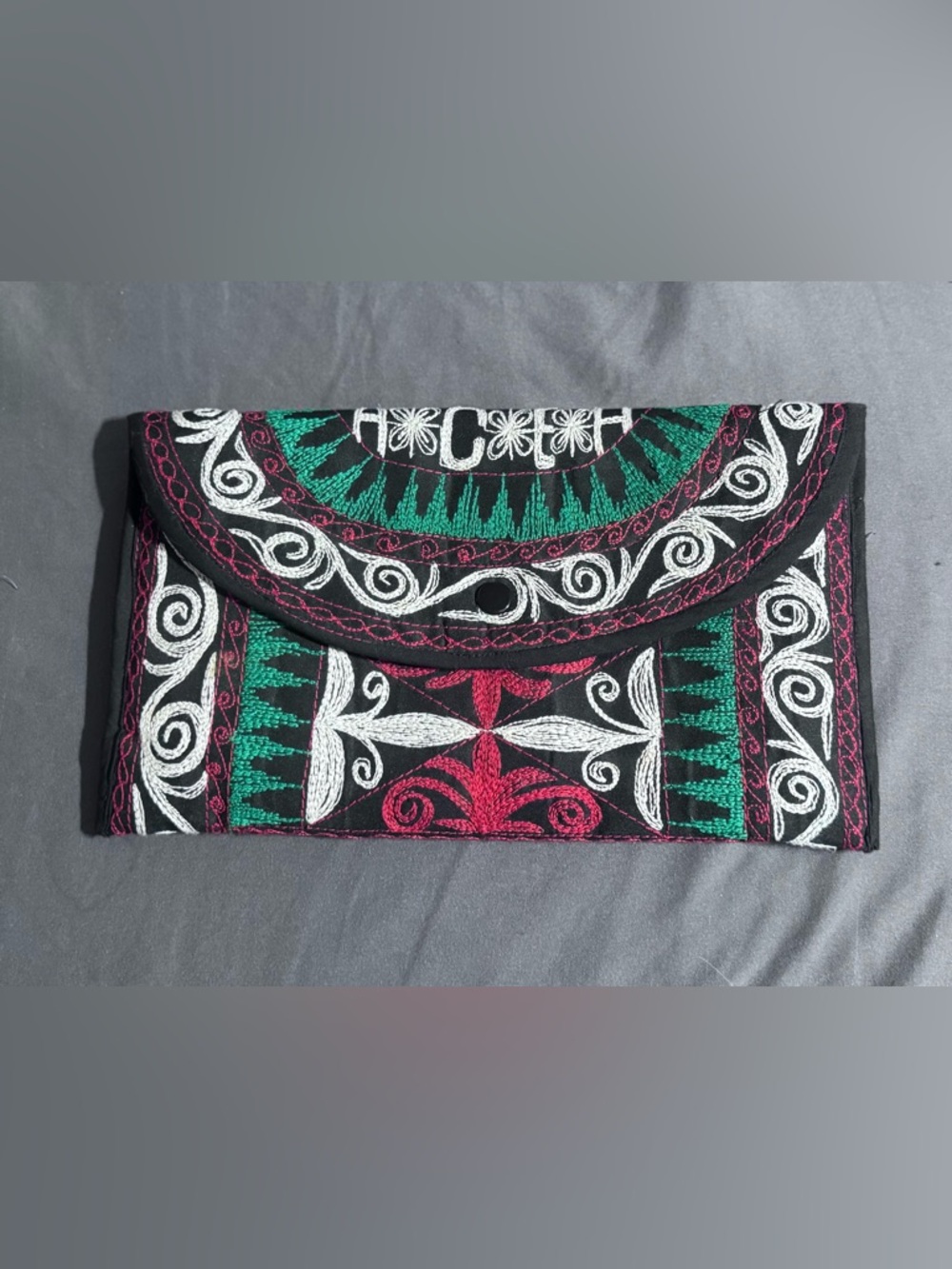 Embroidered Black Clutch with Green, White & Pink Accents by